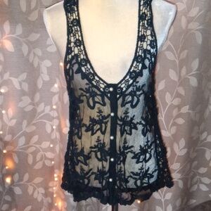 ~Venus Large Black Lace Crochet Sheer Vest
